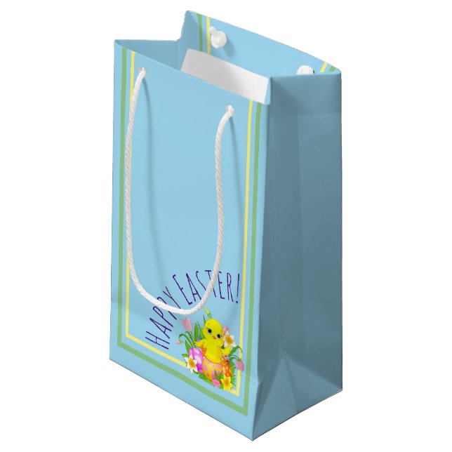 Osterküken mit Blumen Kleine Geschenktüte (Vorderseite Schrägansicht)
