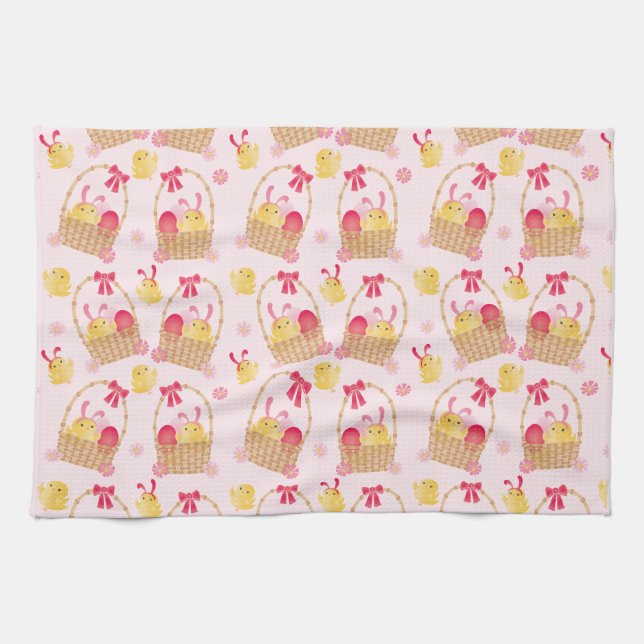 Osterküken-Muster Rosa Geschirrtuch (Horizontal)