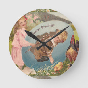 Osterliche viktorianische Mädchen und Junge Runde Wanduhr