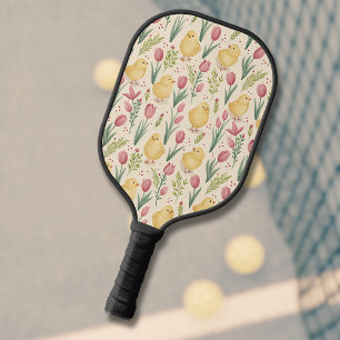 Osterliche Vintage-Gelbe Küken mit roten Tulpen Pickleball Schläger