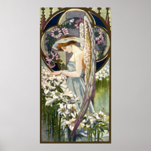 Osterlilien-Blumen und viktorianischer Engel Poster