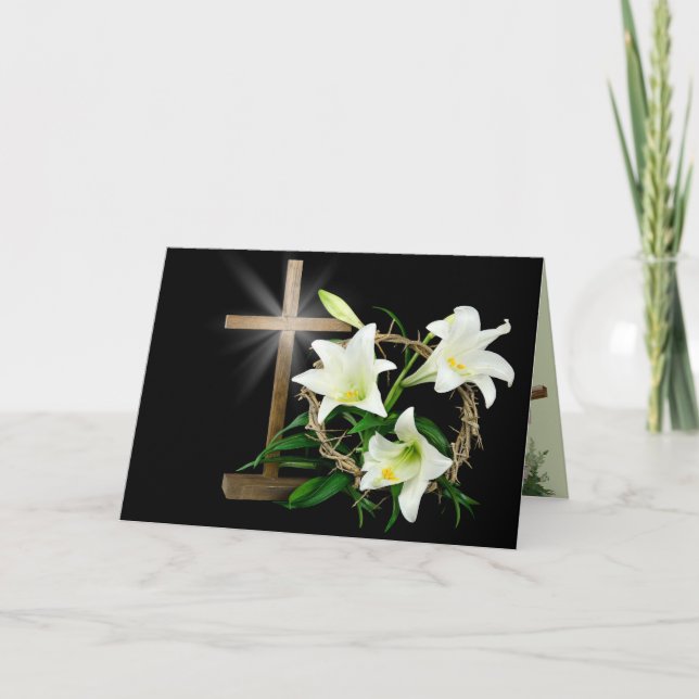Osterlilien, Kronen und Kreuz Feiertagskarte (Vorderseite)