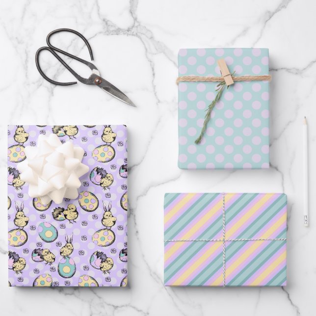 Ostermuster Zeichnend und pastellfarbenes Ostermus Geschenkpapier Set (Vorderseite)