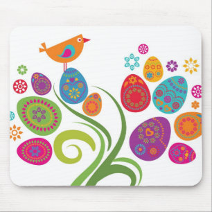 Ostern-Baum mit farbigen Eiern und Blumen Mousepad