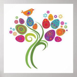 Ostern-Baum mit farbigen Eiern und Blumen Poster