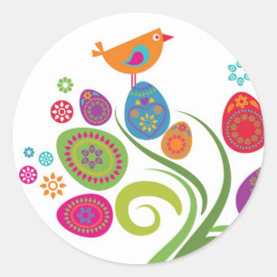 Ostern-Baum mit farbigen Eiern und Blumen Runder Aufkleber