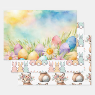 Ostern: Blume, Brötchen, niedliche Kaninchen Geschenkpapier Set