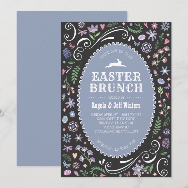 Ostern-Brunch in violettem Blumen Einladung (Vorne/Hinten)