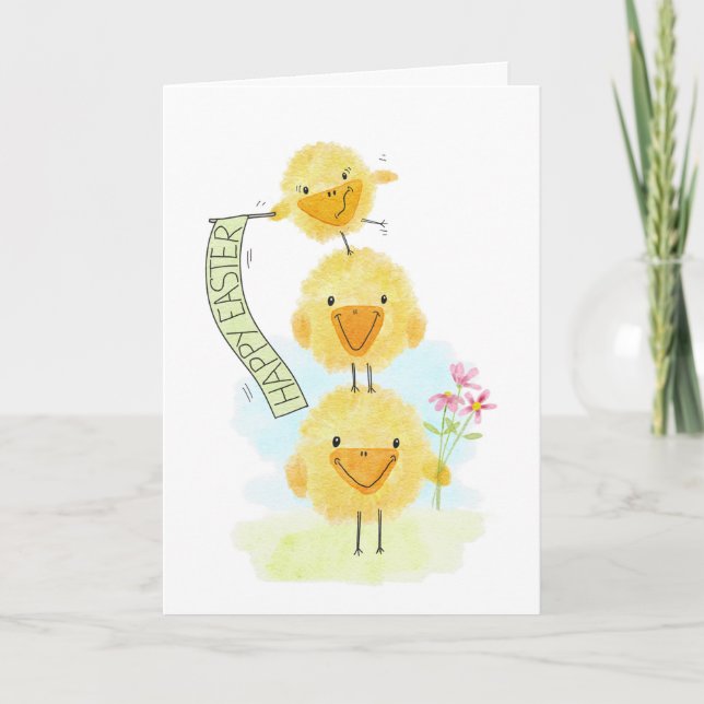 Ostern Drei Küken und Blume Dankeskarte (Vorderseite)