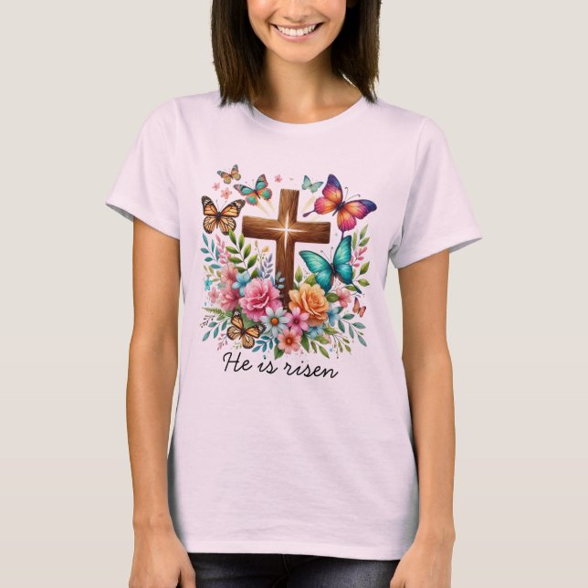 Ostern Er ist aufgewachsen Blume Schmetterlinge T-Shirt (Vorderseite)