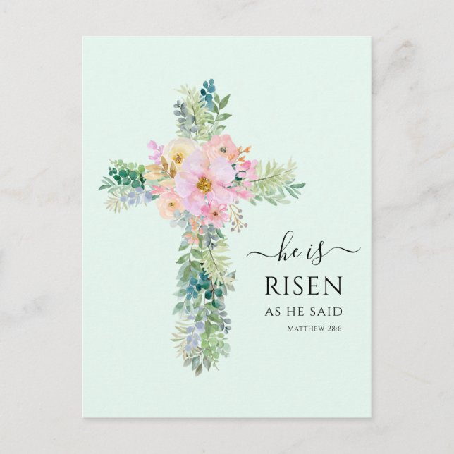 Ostern Er ist Risen Greenery Watercolor Cross Postkarte (Vorderseite)