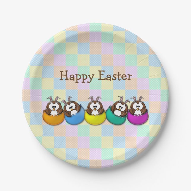 Ostern-Eule - Regenbogen Pappteller (Vorderseite)