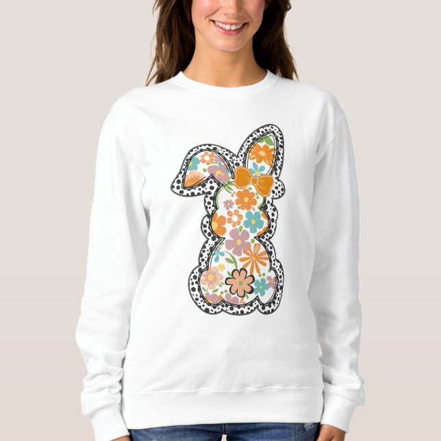 Ostern Floral Bunny Leopard Grenze glücklich Oster Sweatshirt (Vorderseite)
