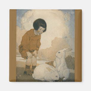 Ostern im Vintage-Stil, Kind spielt mit weißen Has Magnet