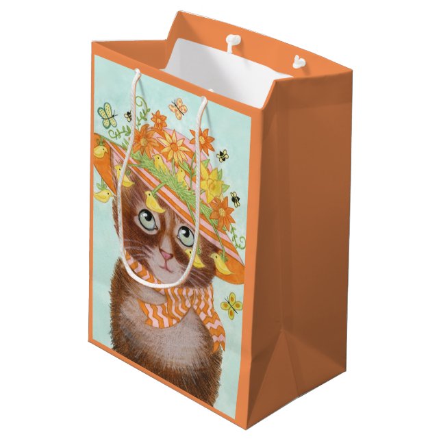 Ostern-Katze in Ostern-Mütze mit Schmetterlingen Mittlere Geschenktüte (Rückseite Schrägansicht)