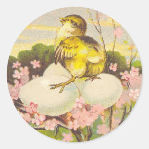 Ostern - Kichen & Eier Auf dem Baum - Antike Postk Runder Aufkleber