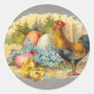 Ostern - Küken, Eier & Hahn - Antike Postkarte Runder Aufkleber