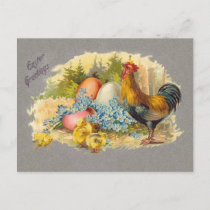 Ostern - Küken, Eier & Rooster - Antiquitätenkarte Feiertagspostkarte