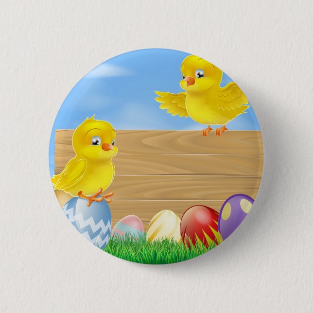 Ostern-Küken und hölzernes Zeichen Button (Vorderseite)