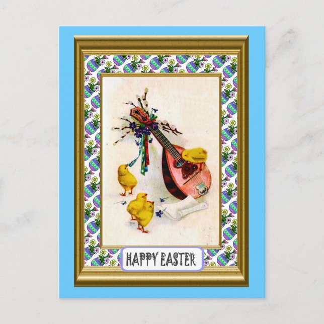 Ostern - Mandoline und Ester-Küken Feiertagspostkarte (Vorderseite)