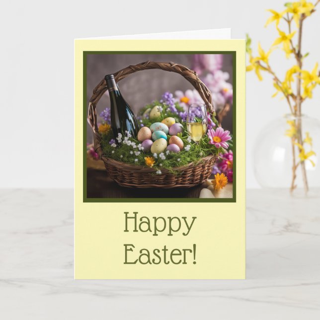 Ostern mit Korb Eiern Blumen und Wein  Karte (Gelbe Blume)