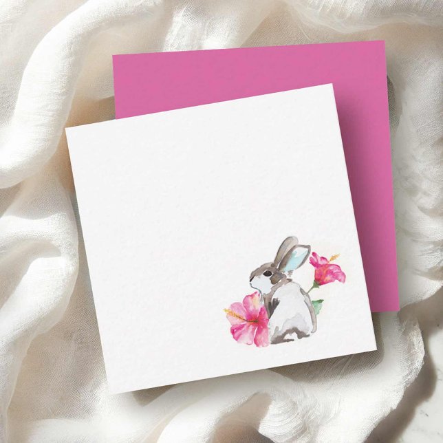Ostern Mitteilungskarten Niedliche Wasserfarbe Kan (Watercolor bunny notecards with pink hibiscus flower art by Victoria Grigaliunas of Do Tell A Belle)