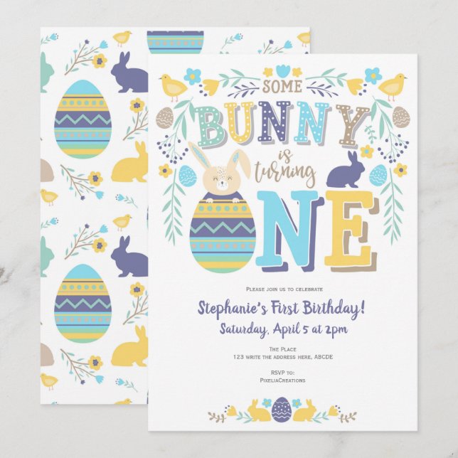 Ostern, Sonne, Frühling, 1. Geburtstag Einladung (Vorne/Hinten)