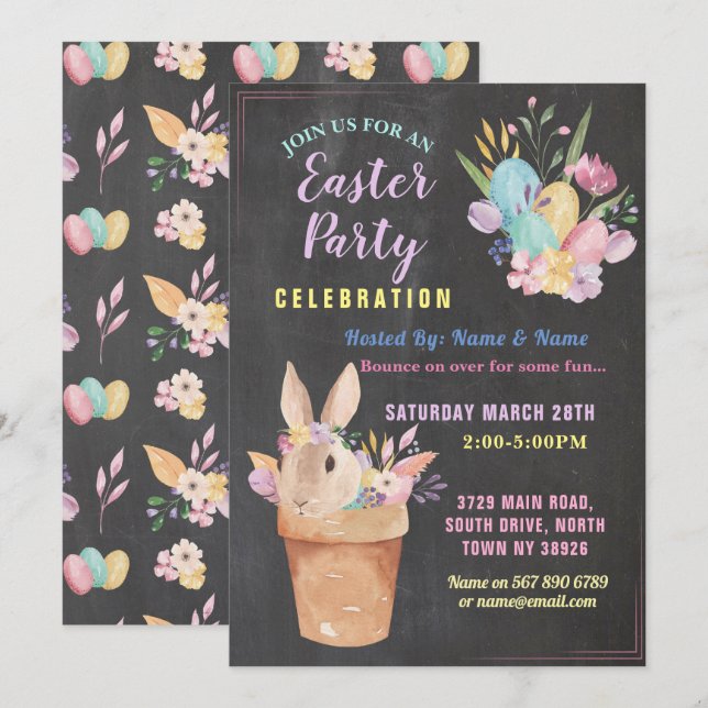 Ostern Sonniges Party Ei Hunt Pink Chalk Korb Einladung (Vorne/Hinten)