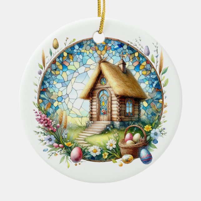 Ostern Tiny Log Church Egs aus festem Glas Blume Keramik Ornament (Vorne)