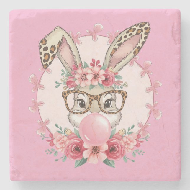 OsterNiedliche Blumenbunny Leopard Geschenk Steinuntersetzer (Vorderseite)
