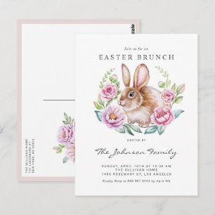 Osterparty mit Wasserfarben-Hasen und rosa Blumen Postkarte