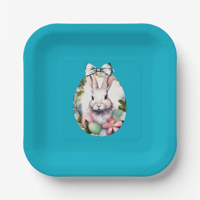 Osterplatte mit Hasen und Bogen auf blau Pappteller (Vorderseite)