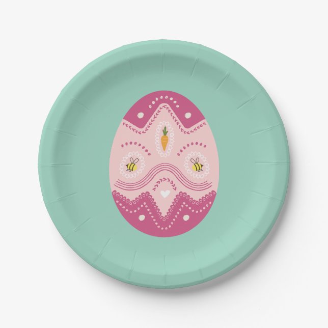 Osterplatte Rosa Ei auf grünem Party Pappteller (Vorderseite)