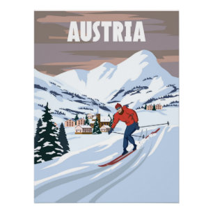 Österreich Skigebiet Poster, retro. Alpen Winter Poster