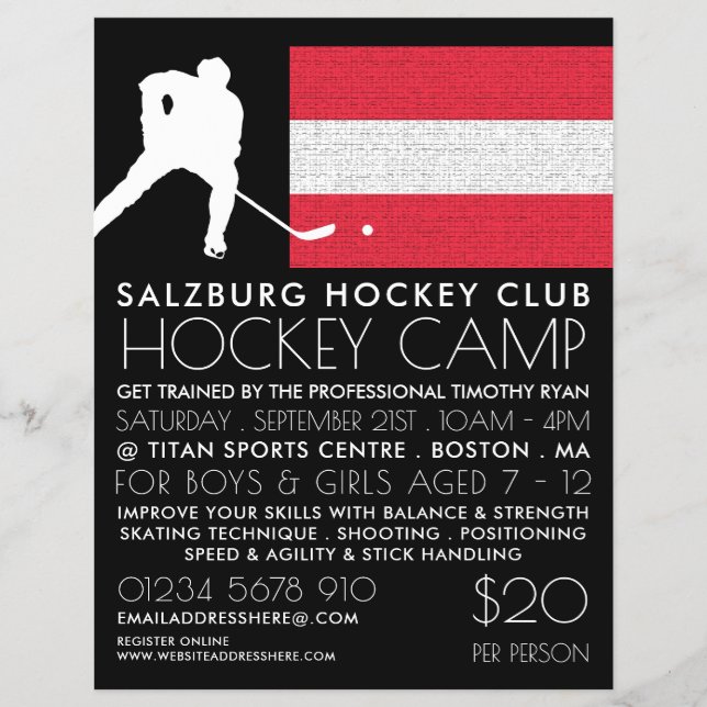 Österreichische Flagge, Hockey-Spieler, Camp-Werbu Flyer (Vorne)