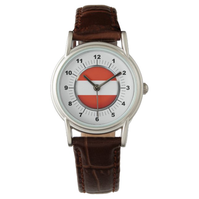 Österreichische Flaggenfahne - Blick auf das braun Armbanduhr (Vorderseite)