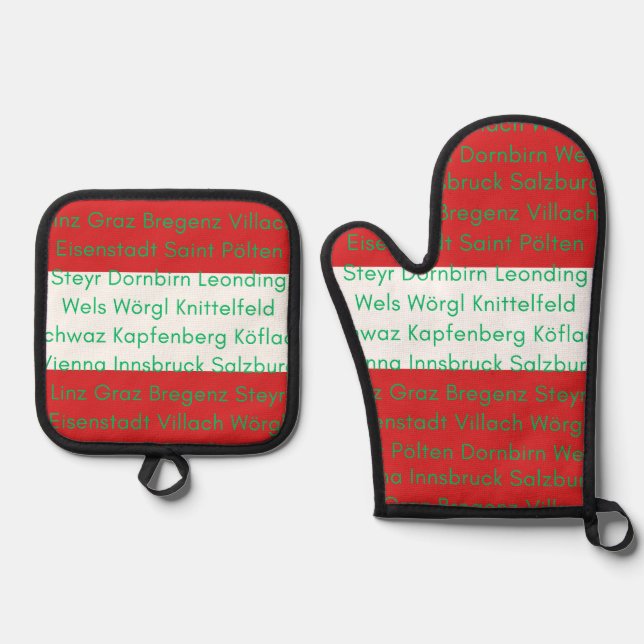 Österreichische Flaggenfarben mit Städten Ofenhandschuh & Topflappen-Set (Vorderseite)