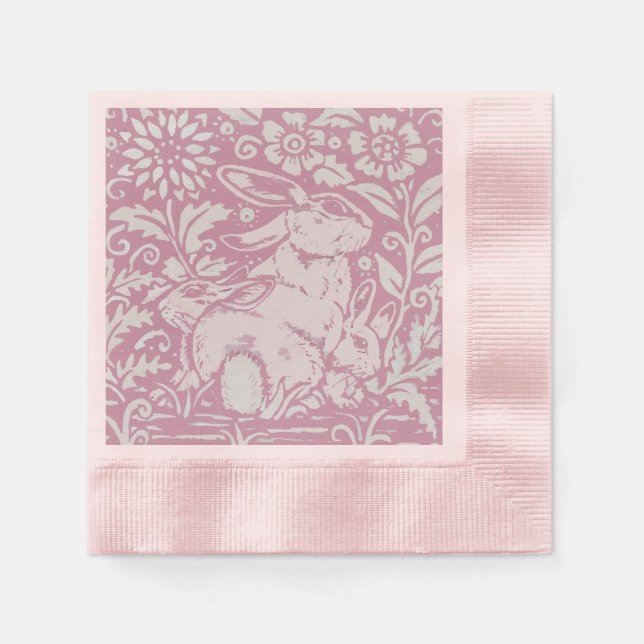 Osterrosa Bunny Rabbit mit Babies Pastell Floral Serviette (Vorderseite)