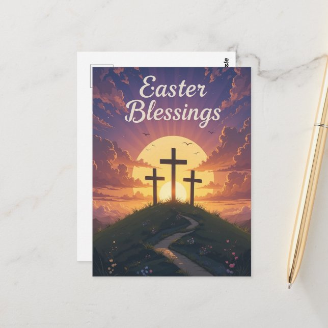 Ostersegnung Drei Kreuze Lila Sonnenuntergang Postkarte (Vorderseite/Rückseite Beispiel)