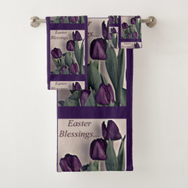 Ostersegnung mit dunklen Lila Tulpen Badhandtuch Set