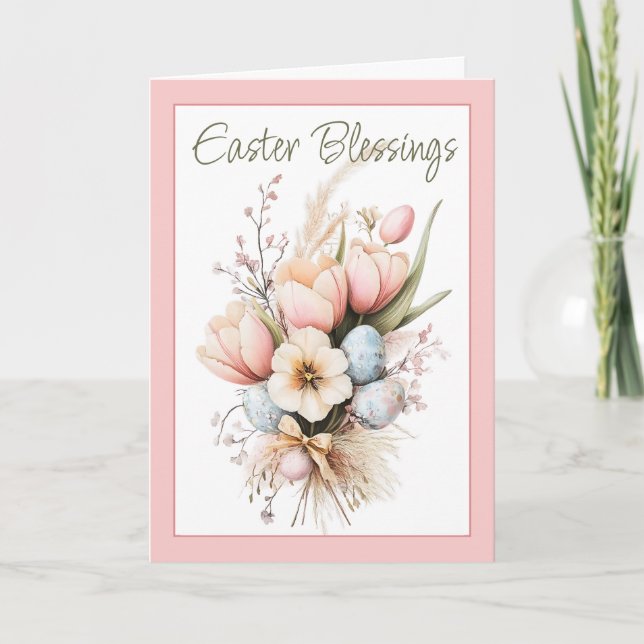 Ostersegnung Tulip Bouquet Pink geklappt Feiertagskarte (Vorderseite)