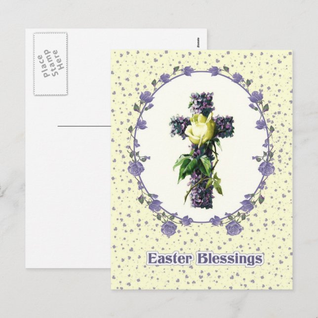 Ostersegnung. Vintages Blumenkreuz Religiös Feiertagspostkarte (Vorne/Hinten)
