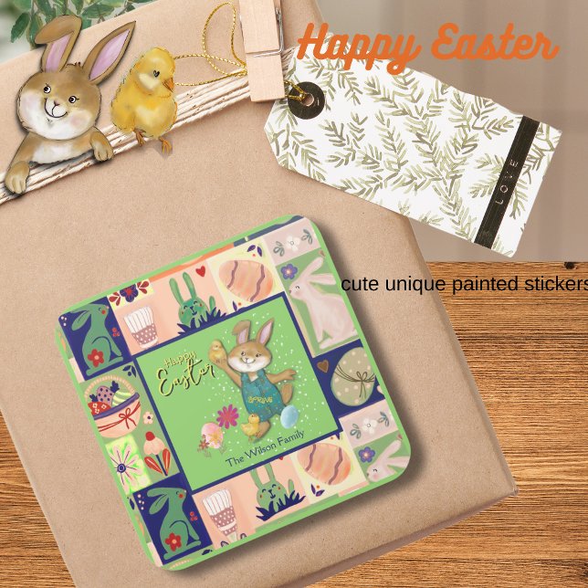 Ostersonne, kundenspezifisch farbig quadratischer aufkleber (Easter Bunny Custom Colorful Square Sticker)