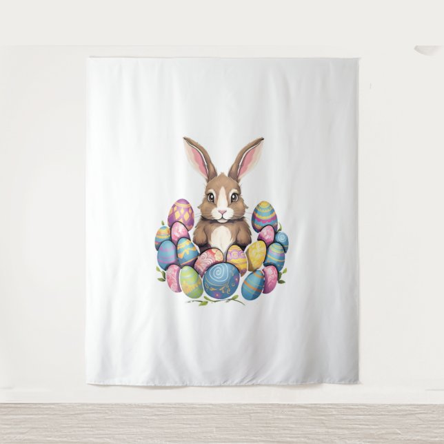Ostersonnige Kaninchen farbenfrohe Eier Ostereier  Wandteppich (Vorderseite)