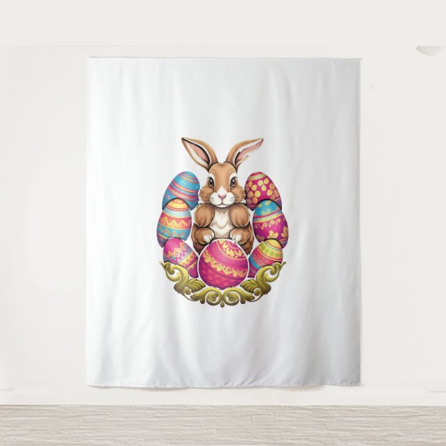 Ostersonnige Kaninchen farbenfrohe Eier Ostereier  Wandteppich (Vorderseite)