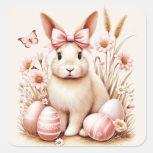 Ostersonniges Kaninchen Rosa Eier Coquette Bow Quadratischer Aufkleber