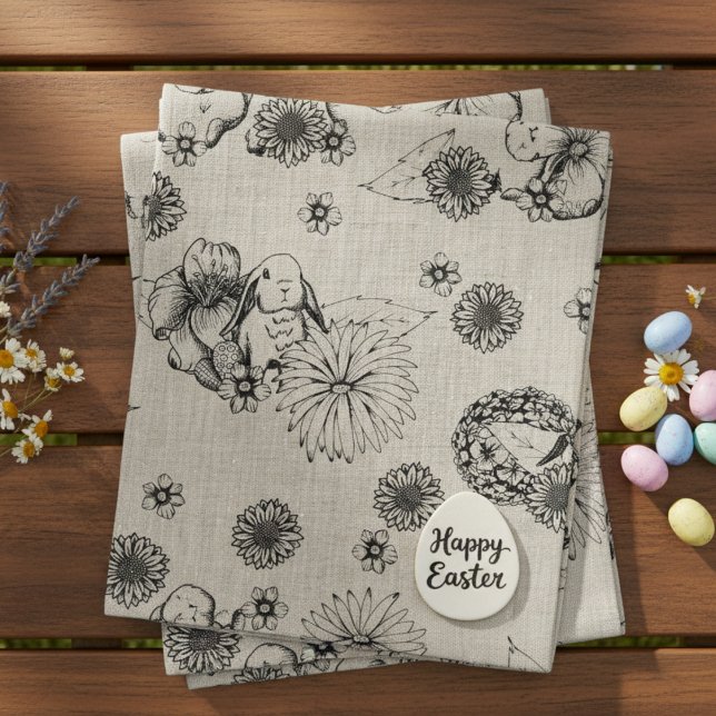Osterstoff Bunny Spring Blumenmuster Stoff (Cute Floral Easter Bunnies & Flower Linen Fabric for Easter Egg Hunt or Spring Kids Birthday Parties)