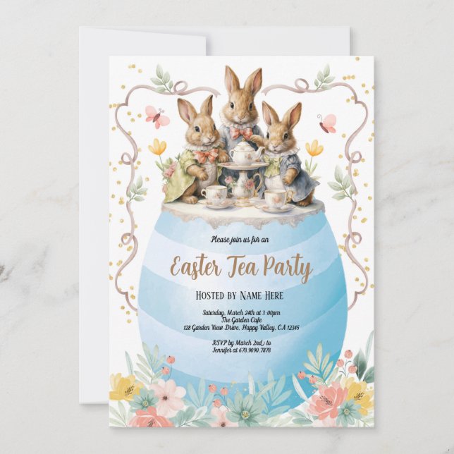 Ostertee-Party Einladung. Watercolor Bunny Blue Einladung (Vorderseite)