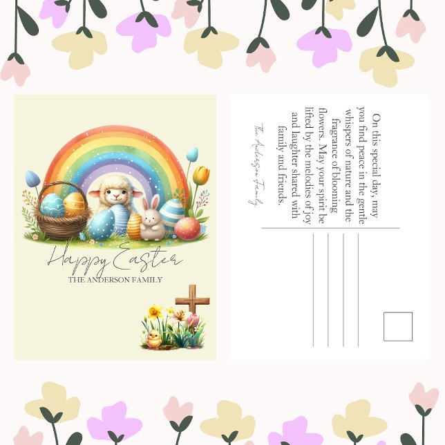 Ostertiere Rainbow Bunny Familienname Lamb Feiertagspostkarte (Von Creator hochgeladen)