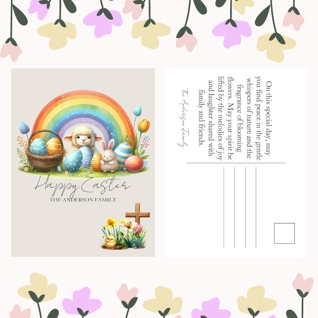 Ostertiere Rainbow Bunny Familienname Segnungen Feiertagspostkarte (Von Creator hochgeladen)